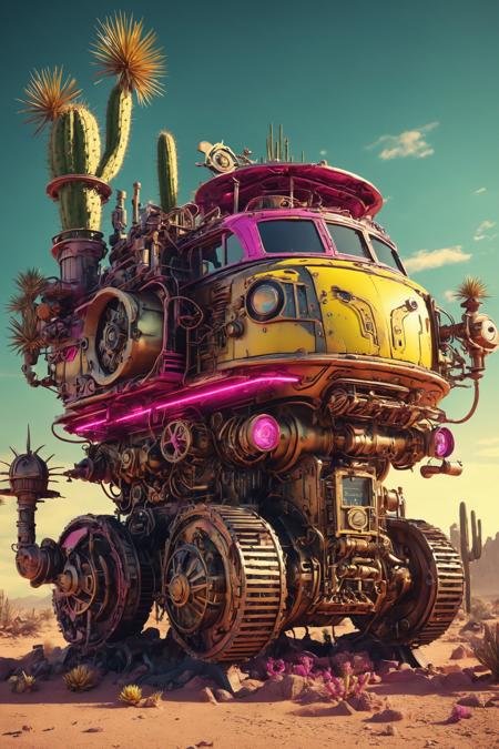 professional 3d model bio-mechanical buccaneer, clockwork dieselpunk, ancestral electronic parts, exotic desert with cacti, hot pink ruins, neon yellow colored hues, hands in the air, wide grin, teeth, octane render, highly detailed, volumetric, dramatic lighting