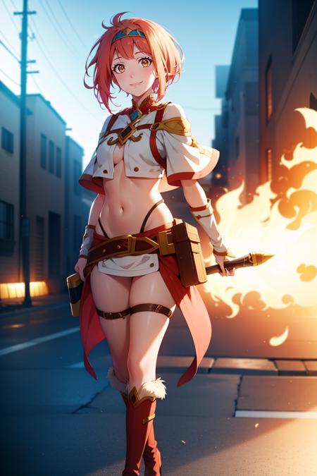 <lora:CREATED_ANIME_ShingekiNoBahamut_nina_v01_5nina_15reg_auto:0.8>nina \(shingeki no bahamut\), adventure outfit, belt, headband, navel, smile, full body, amber_eyes, 64K, f1.2, 800mm, UHD, dynamic lighting, anime screencap