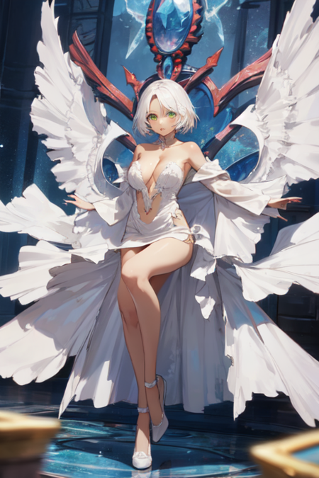 YunaFloralFallal, 1girl, white hair, solo, white dress, cleavage, bare shoulders, green eyes, wings