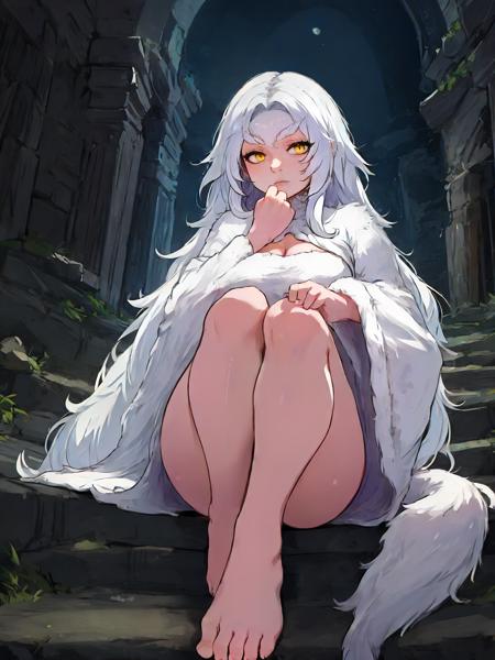 priscillacb white hair tail white fur yellow eyes slit pupils face scales wide sleeves