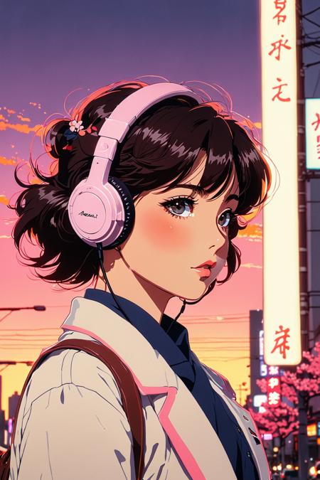 masterpiece, best quality, retro anime style, 1980s anime aesthetic, cel shading, soft vintage color palette, big expressive eyes, dramatic sunset lighting, Tokyo street with neon lights, school uniform (retro), windblown hair, walkman headphones, sakura petals, film grain, anime screencap, cinematic frame, by Haruhiko Mikimoto, by Akemi Takada