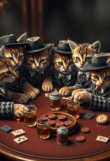 A hyper-stylistic, extremely detailed image depicts a group of kittens dressed as 1940s mobsters, sitting at a round table playing poker. Each kitten is adorned in a miniature fedora, suit, and tie, complete with a tiny cigar clenched between their teeth. The table is a swirl of activity, with cards, chips, and whiskey glasses scattered about. The kittens' eyes gleam with mischief as they study their hands, their little paws hovering over the cards. Every detail of the image is meticulously crafted, from the intricate, textured patterns on the kittens' suits to the delicate, nuanced expressions on their faces. The overall effect is one of adorable, comedic gangster charm, as if the viewer has stumbled upon a secret, high-stakes kitten poker game. highest-Quality, intricate details, visually stunning, Masterpiece