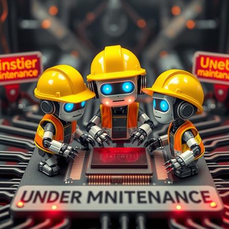 an adorable team of robots wearing hard hats and safety vests working on a giant microchip, signs saying "under maintenance" with flashing lights.