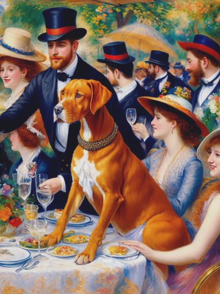 <lyco:Pierre-AugusteRenoir:1.0> painting of a vizsla dog by pierre-auguste renoir, impressionism style, inspired by luncheon of the boating party, wearing elegant and flowing clothing, with background of a colorful and vibrant background with people enjoying leisure activities