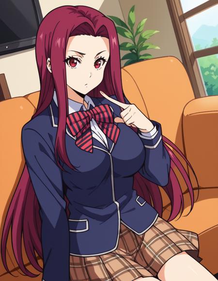 <lora:ryouko-sakaki-s1-ponyxl-lora-nochekaiser:1>, ryouko sakaki,  long hair, red eyes, red hair, forehead, large breasts, bow, school uniform, striped, bowtie, blazer, striped bowtie, blue blazer, brown skirt, plaid skirt, plaid, chef, pants, white pants,