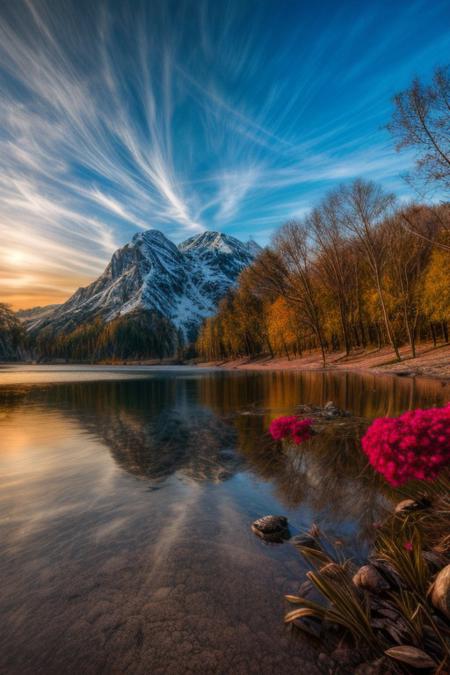 masterpiece, best quality, ultra-detailed, realistic, 8k, pine tree, flowers fields, many kinds of flowers, a couple of rabbits on very distant, lakes, meadows, glitter, moonlight, out-of-this-world scenery, lifelike, naturalism, greatest naturalism photo, immaculate detailed realism photography, rich colors, best colors perfect composition, perfect colors, colorful, clear photo, intrigue nature panorama, delicate nature photo, immaculate micro-details nature elements, (out-of-this-world scenery:1.23), beautiful landscape, beautiful flowers, crystal fantastic, breathtaking beautiful nature, unmatched beauty nature, more nature elements, rich nature elements, beach, (awards winning photography:1.37), trending on artstation, real life photo realistic, perfect proportion, aesthetic, artistic style, surreal, insanely lifelike, top best naturalism photography, greatest detailed, intricate nature details background, depth of field, no human, detailerlora,