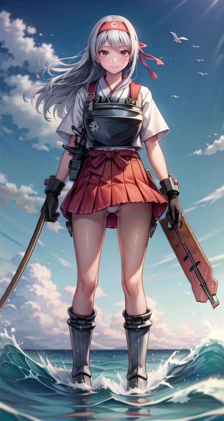 (masterpiece),(intricate details),1girl, 
BREAK
<lora:shoukaku_kancolle-07:1>, shoukaku_(kancolle), solo, long_hair, brown_eyes, hairband, headband, silver hair,
BREAK
japanese_clothes, bow_\(weapon\), airplane, aircraft, weapon, skirt, muneate, ship, panties, thighhighs, hakama, smile, gloves, hakama_skirt, partially_fingerless_gloves, underwear, thigh_boots,
BREAK
<lora:more_details:0.3>,<lora:Tsurime3:1.3>, ocean, cloud, sky, blue_sky, cloudy_sky, wind, water,  horizon, warship, watercraft seagull, waves, standing, beach, cloudy_sky, military_vehicle,