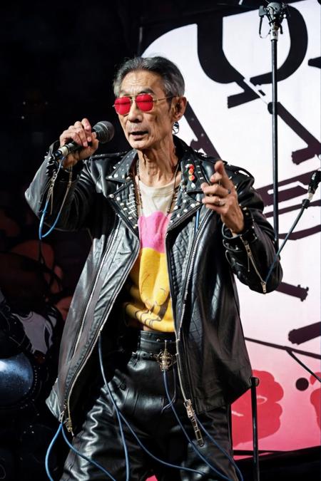 best quality, masterpiece,Concert stage,Neon light background,Studded leather jacket,leather pants,Black sunglasses,Vertical microphone,old men,<lora:masanli:0.8>