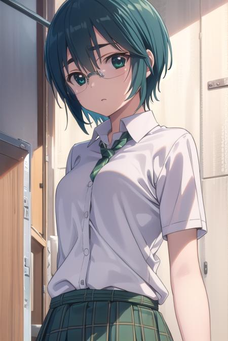 miharumikuni, <lora:miharu mikuni ova-lora-nochekaiser:1>,
miharu mikuni, short hair, (green eyes:1.5), glasses, blue hair,
BREAK skirt, shirt, school uniform, white shirt, socks, plaid, kneehighs, plaid skirt,
BREAK indoors, classroom,
BREAK looking at viewer, (cowboy shot:1.5),
BREAK <lyco:GoodHands-beta2:1>, (masterpiece:1.2), best quality, high resolution, unity 8k wallpaper, (illustration:0.8), (beautiful detailed eyes:1.6), extremely detailed face, perfect lighting, extremely detailed CG, (perfect hands, perfect anatomy),