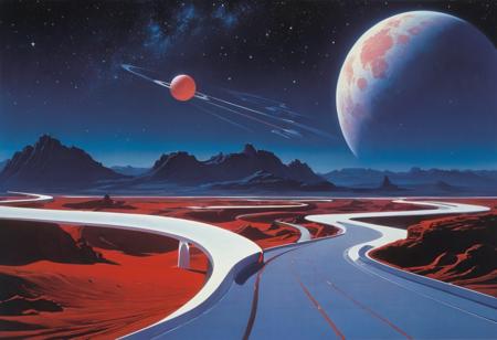 ((vibrant and mystical)) depiction of a {((street with a small suburb nearby))} with {((a bypass road with white lights))}. This is a {((surrealism-inspired))} image that showcases {((a night scene with a starry sky))}. The environment/background should be {((a dark night with a subtle red hue))} to create an {((otherworldly atmosphere))}. The image should be in the style of a {((digital photograph))}, incorporating elements of {((Syd Mead's futuristic landscapes))}. The {((long shot))} shot, captured with a {((wide-angle lens))}, will provide a {((dramatic perspective))}. The lighting should be {((soft and ethereal))}, emphasizing {((the white lights on the bypass road))}. The desired level of detail is {((high))} with a {((4K resolution))}, highlighting {((the subtle red tinge and the starry sky))}. The goal is to create a {((breathtaking and dreamlike)} image that transports viewers to another world with its {((sense of wonder))}.