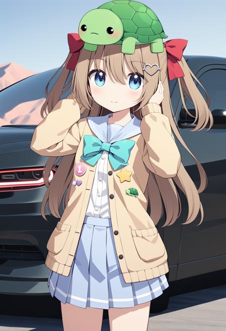 1girl, neuro-sama, (yuzu modoki:1.22), on head, animal on head, cowboy shot, blue eyes, aqua bow, yellow cardigan, open cardigan, blue sailor collar, blue skirt, pleated skirt, turtle, heart, button badge, star \(symbol\), drone, the number "1" on a badge, red ribbon, hair ribbon, two side up, heart hair ornament, long sleeves, light brown hair, natural lighting, (masterpiece, best quality), detailed scenery, (3d render:0.7), background 2020 dodge charger four door, highly detailed, finely detailed  <lora:neurosama_animaginexl_3-15:0.7>