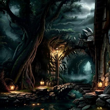 (masterpiece:1.2), (best quality,:1.2), 8k, highly detailed, fantasy, (extremely intricate), (photorealistic), professional light, cinematic lighting, ambient lighting, FanLan, <lora:FantasyLandscape-10:1>, a dark, sinister  forest with a waterfall and a bridge