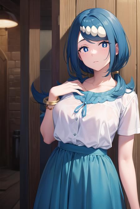 pokemonmotherlana, <lora:pokemonmotherlana-lora-nochekaiser:1>,
pokemonmotherlana, blue eyes, blue hair, freckles, hair ornament, long hair, swept bangs, (bright pupils:1.5),
BREAK blouse, blue skirt, bracelet, collarbone, dress, jewelry, long skirt, shirt, short sleeves, skirt, white shirt,
BREAK looking at viewer, full body, (cowboy shot:1.5),
BREAK indoors,
BREAK <lyco:GoodHands-beta2:1>, (masterpiece:1.2), best quality, high resolution, unity 8k wallpaper, (illustration:0.8), (beautiful detailed eyes:1.6), extremely detailed face, perfect lighting, extremely detailed CG, (perfect hands, perfect anatomy),