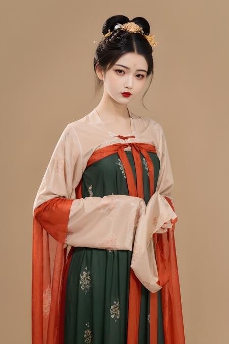 (masterpiece, top quality, best quality, official art, beautiful and aesthetic:1.2),(8k, best quality, masterpiece:1.2), CGhanfutangswa, 1girl, solo, simple background, black hair, hair ornament, holding, standing, long sleeves, updo, red lips, hair stick, realistic, wide sleeves, scroll, looking at viewer<lora:CGhanfutangswa_20230819113341:0.9>