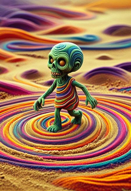 Tilt shift photography style, Diorama page, chibi, a swirling sand zombie, walking, ( Unmanned:1.2), mix of colors psychedelic background,
