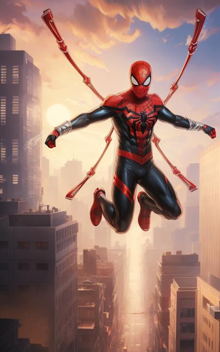 (((full body of male supspr))), (((four red metal legs))), (((silver bracelets))), (((sharp fingers))), a spider - man in a red and black suit jumping through city, 8k, unreal engine, octane render, by seunghee lee, Jang Tae-Hwan, Chocofing R, seungho lee, trending on pixiv, fanbox, skeb, masterpiece, smooth soft skin, big dreamy eyes, beautiful intricate colored hair, symmetrical, anime wide eyes, soft lighting, concept art, digital painting,  <lora:supspr:0.4>