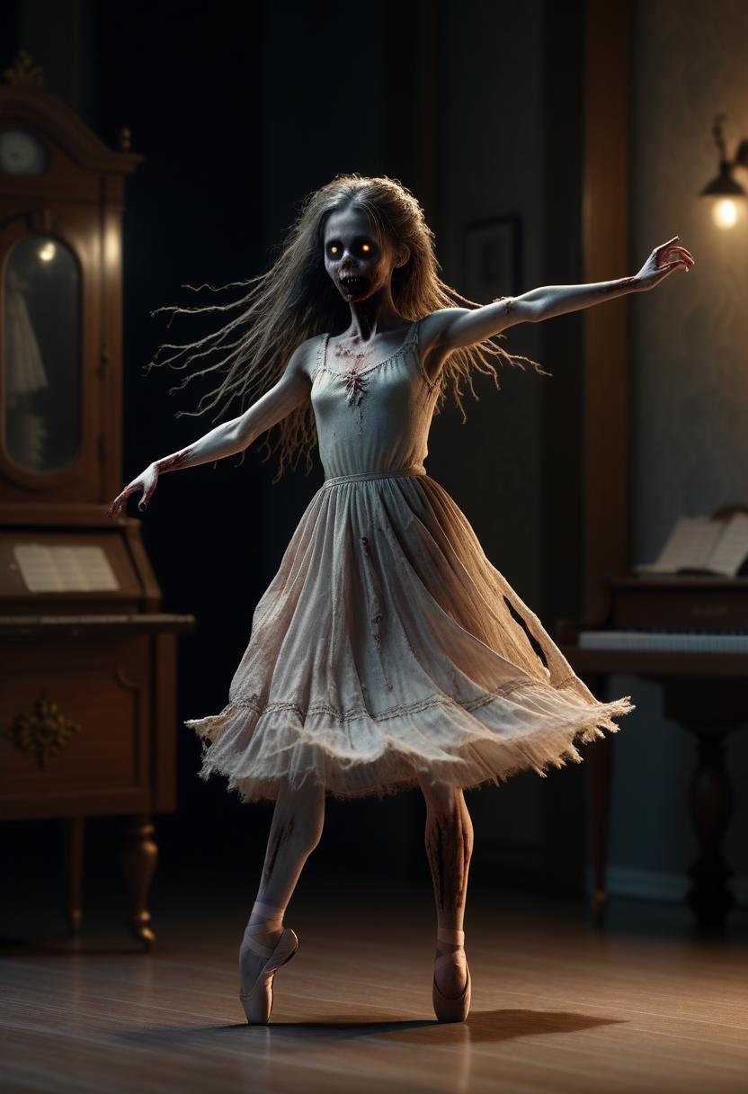 (realistic, photo, RAW, high detail, high quality),
creepy girl dancing ballet, 1girl, realistic, scary, greasy hair, messy hair, long white dress, covered face, black long hair, black eyes,(old music box), (undead),
very detailed, solo, very detailed, high detailed texture, depth of field, cinematic illumination, volumetric lighting, 
extremely detailed skin,
<lora:detailxl:1>