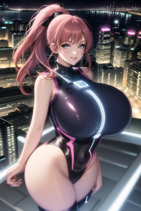 (tronwear:1.2), ponytail, (cityscape:1.2), outdoors, gigantic breasts, smile, looking at viewer, wide hips, (leotard, neon trim), white trim, <lora:tron:0.6>, <lora:Leirix2-10:0.6>, <lora:hyperfusion_279k_64dim-LoCon-v6:1>