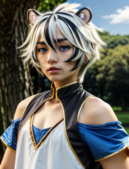 best quality, masterpiece, highres, detailed, realistic, cosplay, <lora:Detail - add_detail:0.2>, FohlFayon, tiger boy, tiger tail, two-toned hair, white hair, black hair, tiger ears, short hair, blue eyes, <lora:Character - FohlFayon:0.8>, 20 year old teenage asian boy, flat chest,