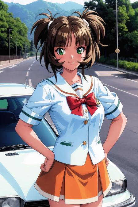 <lora:Akane_LoRA_AdamW_Dim64_Alpha32_5e-5_20batch_CosineAnnealingLR_NAI-000015:1>, akane_ichimonji, 1girl, brown hair, short hair, blunt bangs, green eyes, sailor collar, school uniform, bowtie, short sleeves, orange skirt, 1990s \(style\), smile, looking at viewer, hand on hip, standing, building, town, road, car