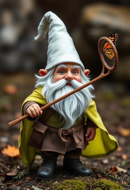 Short dwarf wizard, white cone hat, lime green cape, wielding butterfly net