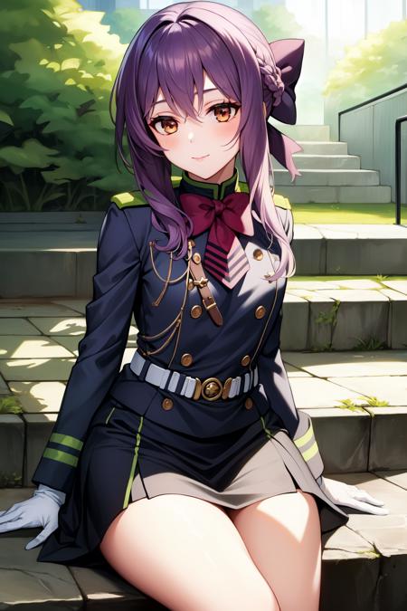 hiiragi shinoa, 1girl, military uniform, purple hair, hair bow, gloves, skirt, thighhighs hyakuya yuuichirou, 1boy, black hair, military uniform, white gloves