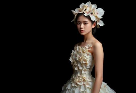 A young woman standing against a dark, black background, wearing a sculptural gown inspired by nature, with intricate flower-like patterns. Her hair is adorned with delicate, translucent petals that glow faintly. The lighting creates soft shadows, and her expression is serene yet enigmatic, photorealistic style.