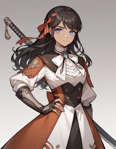  black hair, long hair, swpet bangs, parted bangs, red hair bow, blue eyes, cowenna costume, open finger gauntlet, long sword behind back, dark skin