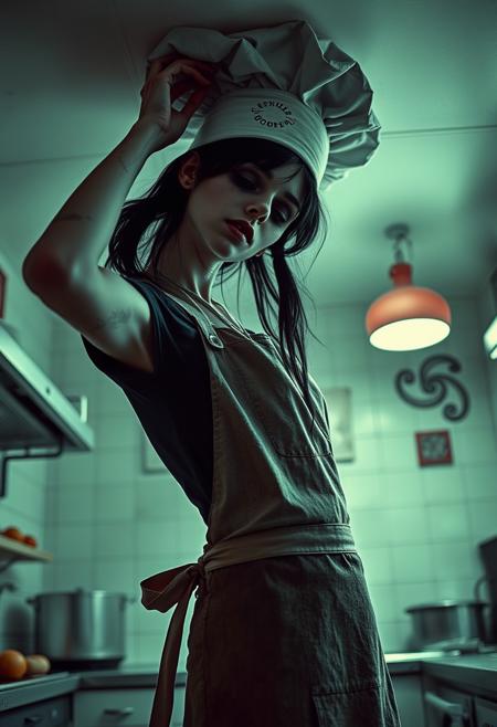 retro filter, Goth zombie girl, tall, bending, hitting the ceiling, chef on the kitchen , very earie and calm expression, (closed eyes),  tar coming out of the eyes, apron and tall chef's hat, retro horror style, UHD, head tilt,