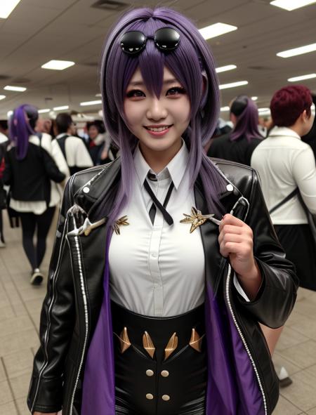 best quality, masterpiece, highres, detailed, realistic, <lora:Detail - add_detail:0.2>,  <lora:Character - KafkaHonkai:0.6>, KafkaHonkai, sunglasses on head, purple eyes, purple hair, white shirt, black jacket, open jacket, evil smile,  cosplay, cosplay convention, 30 year old asian woman,