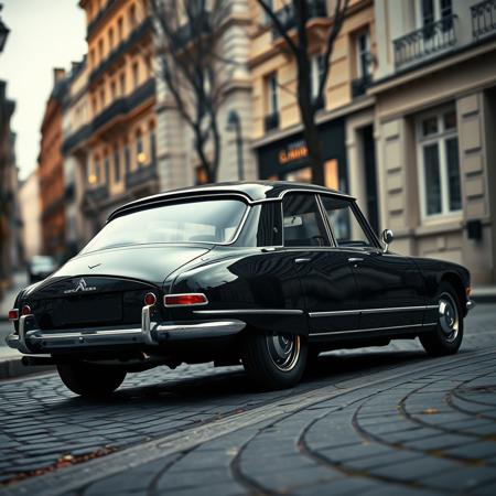 Photorealistic image of a classic Citroen DS21 in black color, parked on a characteristic Parisian street. The car is positioned at a three-quarter rear low angle. The scene is illuminated by soft, diffused light on a cloudy day. The background features typical Parisian architecture, cobblestone streets, and subtle reflections on the car's glossy surface. High detail, ultra-realistic textures, cinematic lighting
