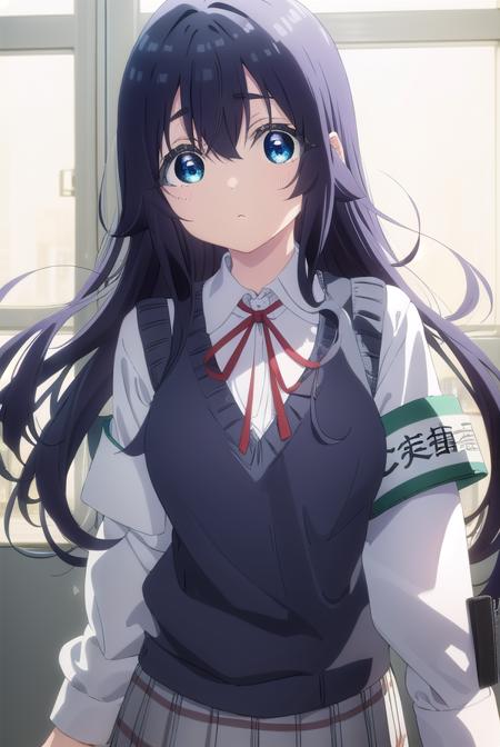 shizukayoshimoto, <lora:shizuka yoshimoto s1-lora-nochekaiser:1>,
shizuka yoshimoto, long hair, bangs, blue eyes, black hair, hair between eyes, wavy hair,
BREAK skirt, shirt, ribbon, school uniform, white shirt, pleated skirt, red ribbon, neck ribbon, armband, sweater vest,
BREAK indoors, classroom,
BREAK looking at viewer, (cowboy shot:1.5),
BREAK <lyco:GoodHands-beta2:1>, (masterpiece:1.2), best quality, high resolution, unity 8k wallpaper, (illustration:0.8), (beautiful detailed eyes:1.6), extremely detailed face, perfect lighting, extremely detailed CG, (perfect hands, perfect anatomy),