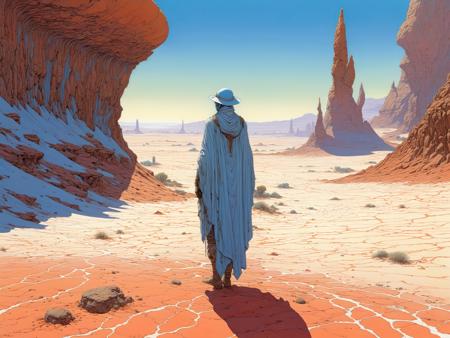 (masterpiece, best quality, high quality, highres:1.4), detailed, extremely detailed, Vast desert landscape, blazing sun, blue sky, sand dunes, surreal rock formations, distant spires, in the foreground a Lone traveler, tattered cloak, determined expression, dramatic shadows, in the midground Strange rock formations, surreal shapes, curious creatures, in the background Towering spires, shimmering heat waves, endless expanse of desert, occasional oasis. Solitude, introspection, awe, wonder, surreal elements, contemplation, imagination, excitement, apprehension, Moebius (Jean Giraud) style <lora:Moebius (Jean Giraud) Style:1>
