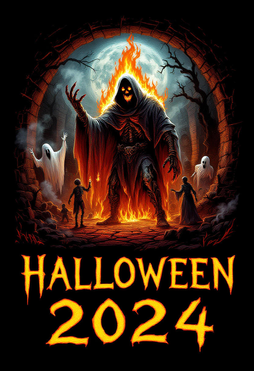 Logo in Fire and Flames with Ghosts and Skeletons in a Smokey dungeon, Horror themed background, Fire style font text, The text reads  "HALLOWEEN 2024",