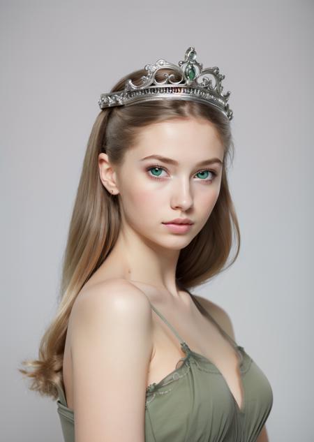 Best quality, highly detailed image, masterpiece, ultra high res, cute women, realistic lighting, cute gray dress, beautiful hair style, princess crown, highly detailed green eyes, highly detailed face, beautiful body