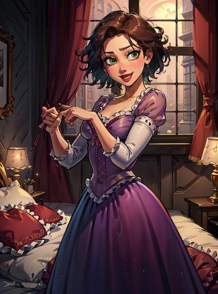 (RapunzelWaifu:1) ,1girl, cute, cute pose, (short hair, brown hair, green eyes), (purple dress), curvy, looking at viewer, smile, :D, 
(detailed ladscape, room, bed, pillows:1.2), window, (background:1),  (dynamic_angle:1.2), (dynamic_pose:1.2), (rule of third_composition:1.3), (dynamic_perspective:1.2), (dynamic_Line_of_action:1.2), wide shot,
(masterpiece:1.2), (best quality, highest quality), (ultra detailed), (8k, 4k, intricate),(full-body-shot:1), (Cowboy-shot:1.2), (50mm), (highly detailed:1.2),(detailed face:1.2), detailed_eyes,(gradients),(ambient light:1.3),(cinematic composition:1.3),(HDR:1),Accent Lighting,extremely detailed CG unity 8k wallpaper,original, highres,(perfect_anatomy:1.2),
 <lora:RapunzelShortHair_Character-10:0.8>