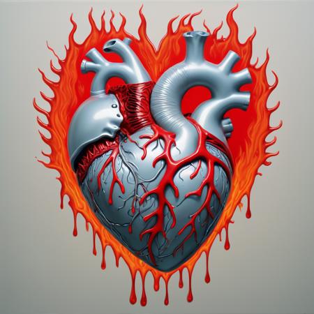 an illustrative Op Art photograph, a coloured picture of a (silver-tinted:0.33) anatomical heart, dripping red flames, very detailed, award-winning