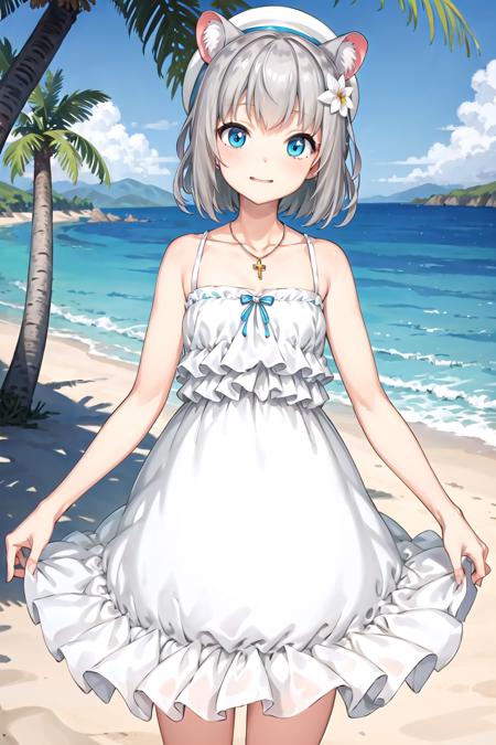 (masterpiece, best quality), 1girl, solo, beach
<lora:hoshimiVR_all:0.6>, hoshimi-dress, hat, hair flower, pendant