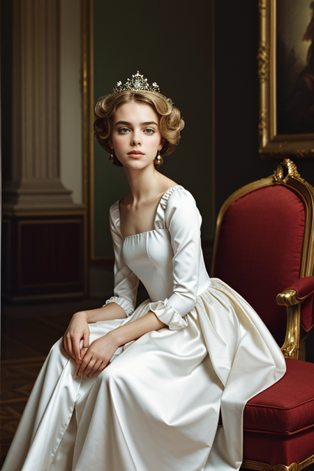 KiernanShipka, photography by (David LaChappelle:1.3), Marie Antoinette clothing, 1789, seated on throne, (straight sleek hair:1.5), Queen of France, modelshoot, pose, ((dress)), (closeup on upper body:1.3), Flemish masters, luxurious fabrics, silk, Versailles, French aristocracy, palace interior, 1782, large oil paintings on walls, portrait