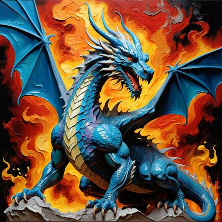 the rebirth of the allmighty dragon out of glowing ash and smoke, the dragon is softly spreading it's wing as it is getting new energy to destroy everything in eternal anger, the imagination of pure hate and terror in the form of an reborn dragon, the awaking of the dragon seems magical but natural,( impasto style:1.5) with thick layers of paint, abstract and artistic, thick acryl giving a tactile texture that can almost be felt visually, vivid colors, mixed impasto style by Greg Rutkowski and Vladimir Manyukhin and   Wadim Kashin <lora:xl_more_art-full_v1:0.5>