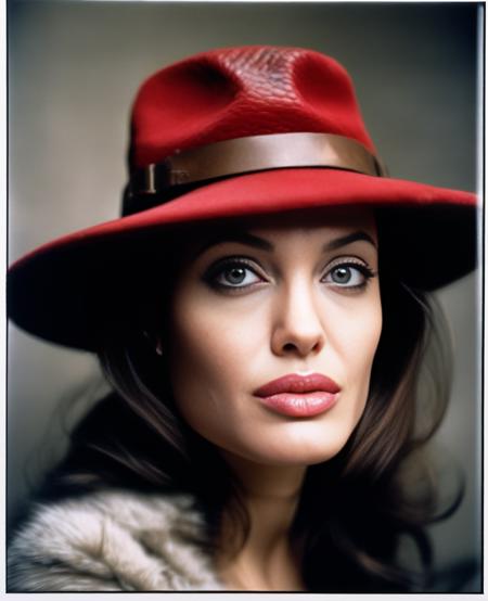 AngelinaJolie, photograph, [Old|Gentle] voluptuous Female of Elements, wearing Average Snakeskin Red Trapper hat, Winter, tilt shift, Movie still, Suffering, moody lighting, Ilford HP5, Depth of field 100mm, art by Giorgio de Chirico, <lora:AngelinaJolieSDXL:1>