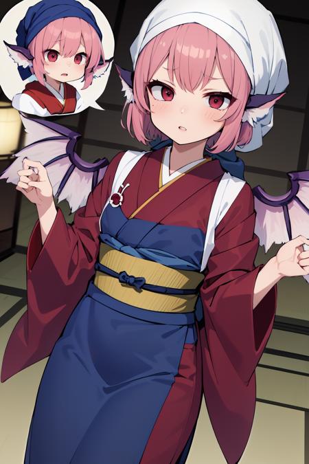 animal_ears, (sash code:1.3), (white_tasuki wings:1.1), (okamisty:1.5), (mystia lorelei:1.2), lips, (maroon_kimono:1.4),  (blue headscarf:1.5), (indigo blue_apron:1.2), (pink hair:1.2), <lora:oka_mysty2:0.3>