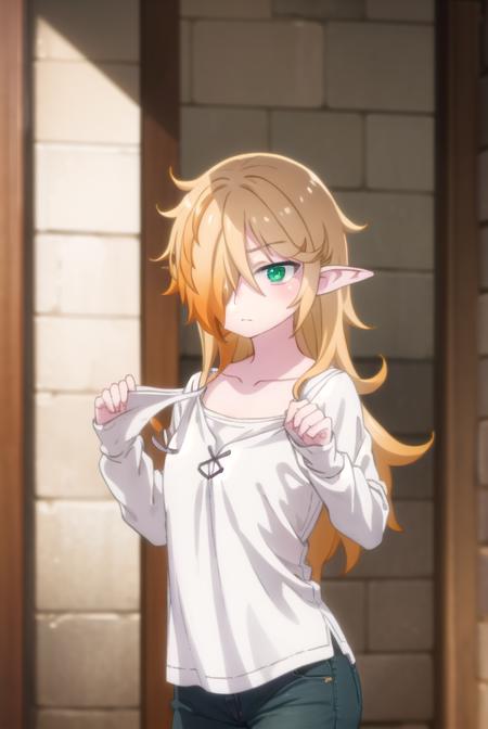 reviewerzel, <lora:reviewer zel female s1-lora-nochekaiser:1>,
zel, long hair, blonde hair, (green eyes:1.3), pointy ears, (hair over one eye:1.5), elf,
BREAK shirt, long sleeves, pants, denim, jeans, (white shirt:1.5), collarbone,
BREAK indoors, bed,
BREAK looking at viewer, (cowboy shot:1.5),
BREAK <lyco:GoodHands-beta2:1>, (masterpiece:1.2), best quality, high resolution, unity 8k wallpaper, (illustration:0.8), (beautiful detailed eyes:1.6), extremely detailed face, perfect lighting, extremely detailed CG, (perfect hands, perfect anatomy),