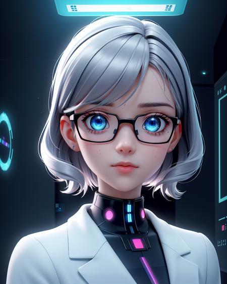 Professional photo. 1Girl. Curious expression, eyes focused on data, laboratory setting with digital screens. Nerdy hair style. Soft highly detailed beautiful expressive eyes, smooth skin with a slight glow under artificial light. Sleek smart-casual attire with futuristic digital glasses, surrounded by floating holographic data and 3D molecular models. Warm light reflecting off screens. Close-up, face focus. Photorealistic, Natural atmospheric lighting, intricate details, 35mm photograph, film, professional, 4k visuals, highly detailed, elegant, studio quality.