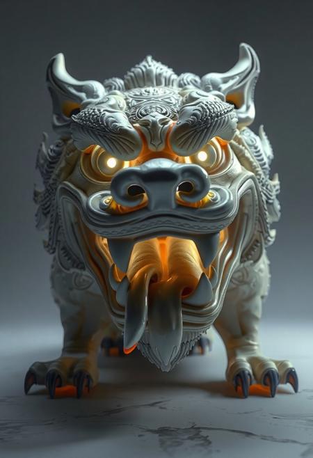 masterpiece, best quality, amazing quality, very aesthetic, high resolution, ultra-detailed, absurdres, newest,  photorealistic details, volumetric lighting, foo dog with a spherical head and no body, large gapping maw, subsurface, glowing with inner light, many small teeth, large canines, drooling, complex engravings