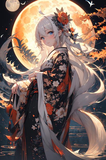 (masterpiece:1.2), best quality,PIXIV,  As the moon,
1girl, solo, japanese clothes, long hair, kimono, hair ornament, looking at viewer, flower, white hair, holding, blue eyes, hair flower, ahoge, bangs, long sleeves, wide sleeves, moon, blush, floral print, print kimono, standing, closed mouth, holding flower, night
 <lora:As the moon_20230809104912-000018:1>