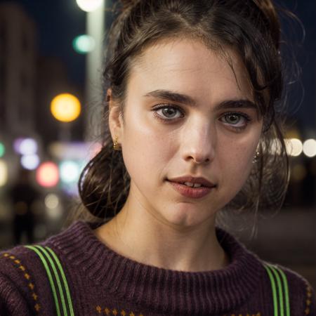 marqual,black ponytail,(face close-up),city street background,sweater,masterpiece,bokeh,dof,highly detailed,night,neon lights