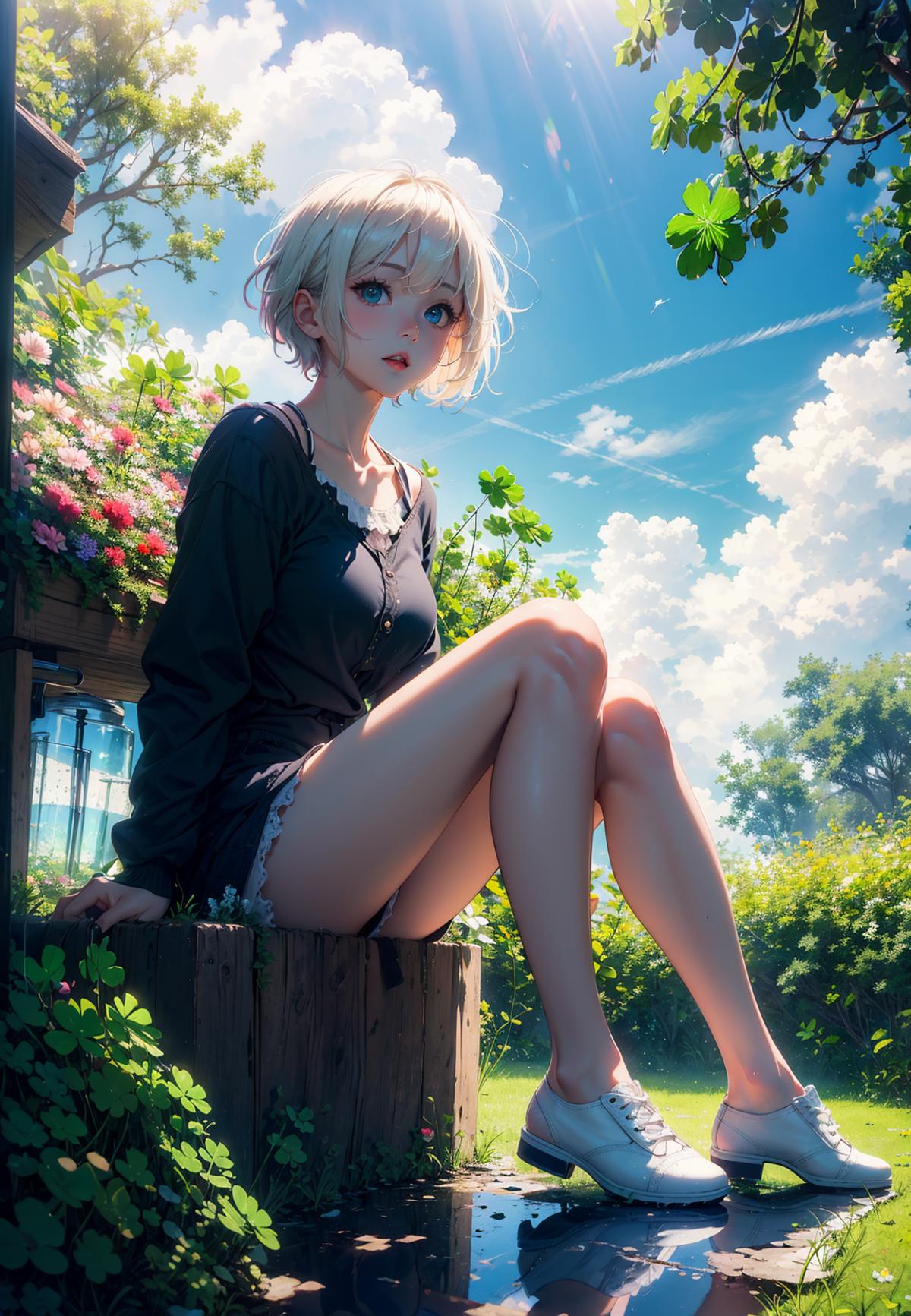 A beautiful woman sitting on a log in a garden.