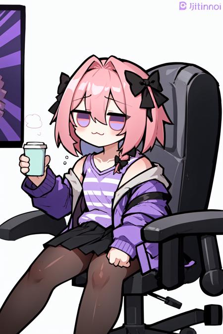 xielian, solo, chibi,office chair,sitting, full body,:3,jitome,holding cup,Astolfo, black skirt, long braid, braid, purple eyes, hair between eyes, striped, collarbone, hooded jacket, hair bow, shirt, open clothes,  black bow, otoko no ko, pink hair, miniskirt, single braid, jacket, long hair, long sleeves, black pantyhose, purple jacket, hair intakes, streaked hair, striped shirt, hair ribbon, wariza,blush, thick thighs,