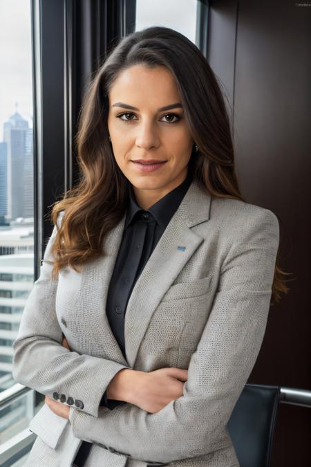 RAW photo of rileemarks, Captivating colleagues in a Power suit and high-heeled boots in a modern skyscraper, closeup portrait, (high detailed skin:1.2), 8k uhd, dslr, soft lighting, high quality, film grain, Fujifilm XT3, <lora:rileemarks-000017:1>